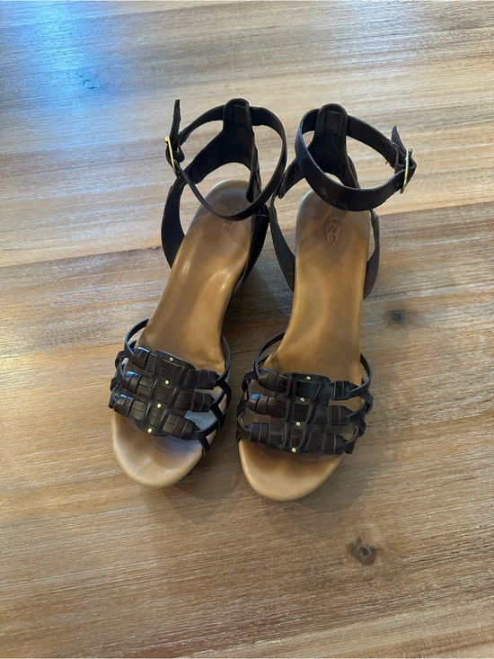 UGG Shoes - UGG Dark Brown Woven Leather Ankle-Strap Sandals 7.5